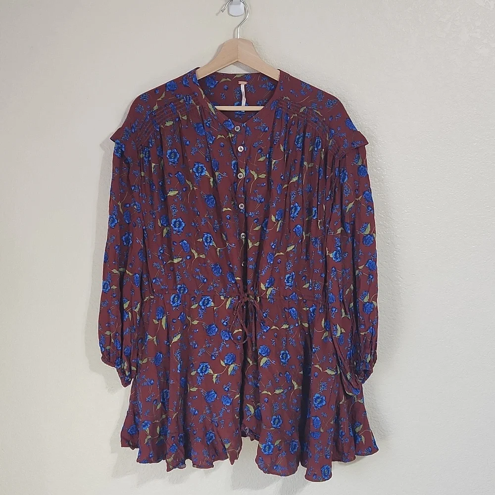Free People Red Burgundy Flower Fields Mini Button Up Dress Womens Size Small
